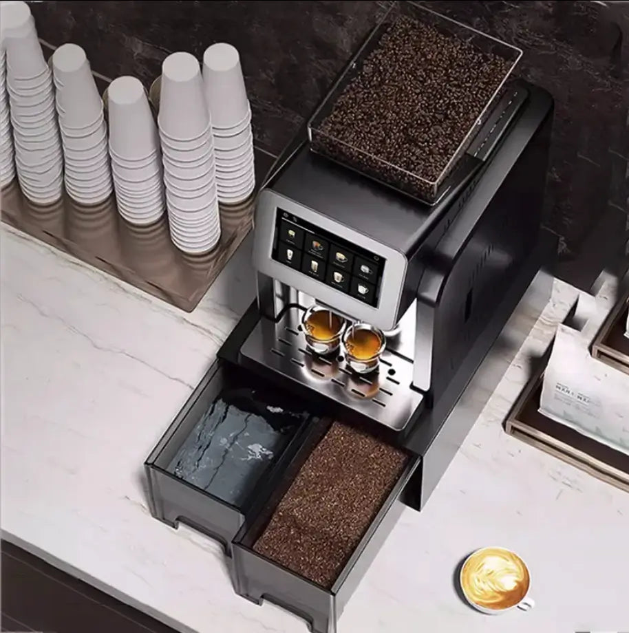 Cafe Bueno CB-4000 espresso and coffee machine showing the large whole coffee bean container on the top of the machine full of fresh coffee beans that are ready to be ground by the machine's built-in grinder. The large waste containers are also shown capturing the waste water and waste coffee grounds, which reduces maintenance and lets your enjoy your latte, cappuccino, or other coffee without the hassle.