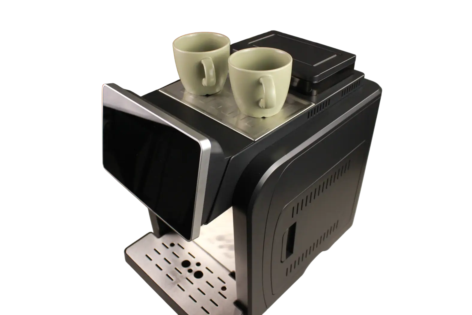 Premium home espresso machine, CB-3500 with stainless steel cup warmer tray. Two cups being warmed for a cappuccino or latte.