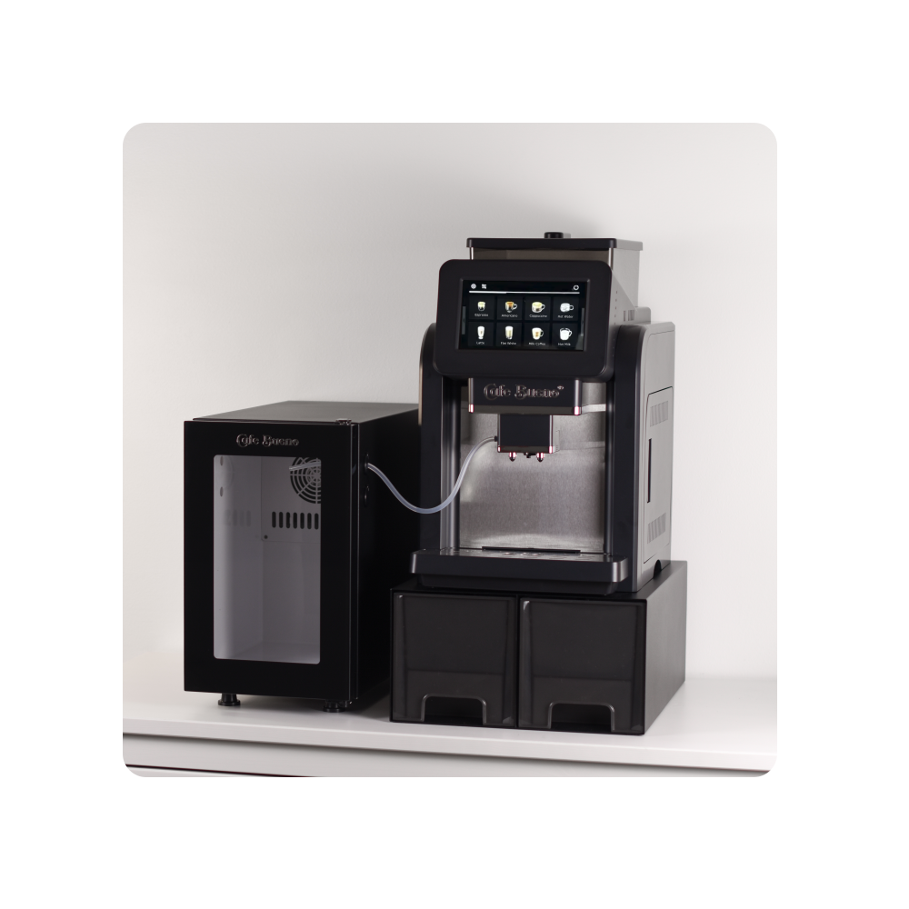 Business and office use espresso coffee machine with the optional mini fridge for milk. CB-4000 and CBR-01.