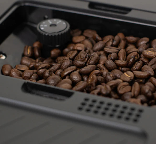 Close-up of Cafe Bueno espresso machine bean hopper filled with whole roasted coffee beans, grind size adjustment dial visible in upper left corner, matte black plastic hopper housing with ventilation grilles, shallow depth of field.