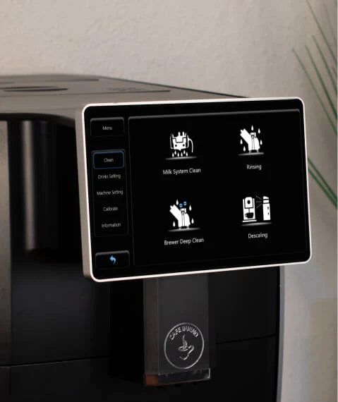 Cafe Bueno espresso machine touchscreen displaying cleaning menu with four options including milk system clean, rinsing, brewer deep clean, and descaling, side navigation showing menu drink settings machine settings calibrate and information tabs, matte black machine body with Cafe Bueno logo on dispenser.