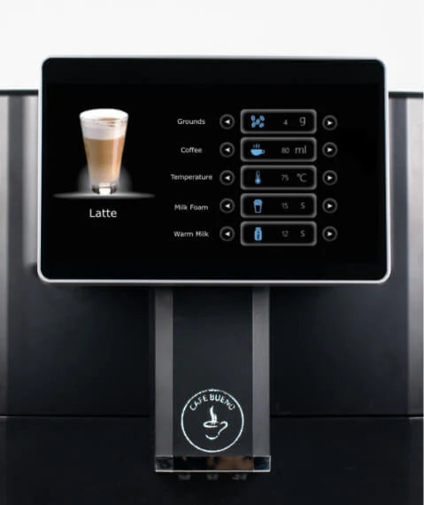Cafe Bueno espresso machine touchscreen showing customizable latte settings including grounds weight in grams, coffee volume in millilitres, temperature in celsius, milk foam duration in seconds, and warm milk duration in seconds, Cafe Bueno logo on dispenser below screen, white background.