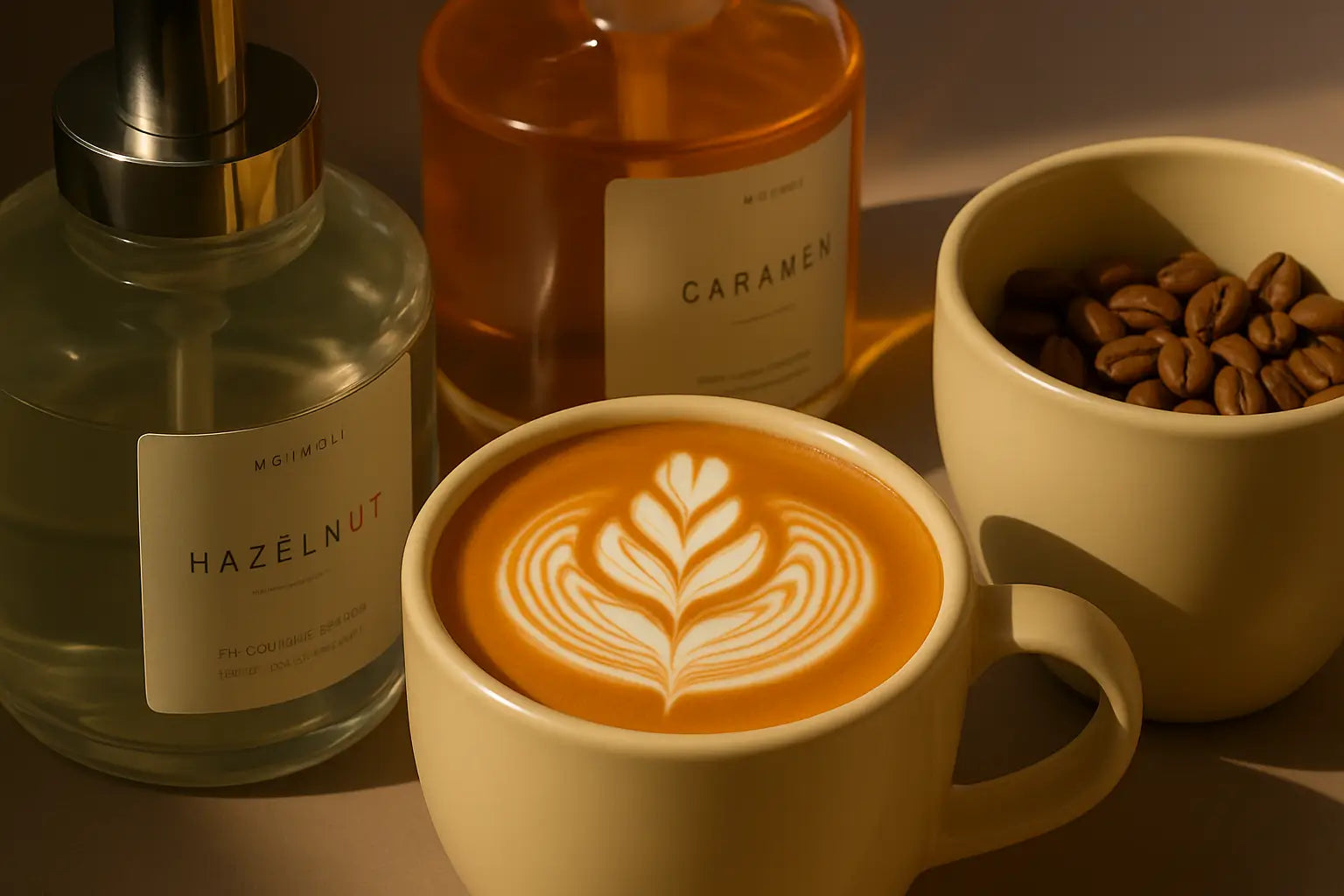 Latte with rosette latte art in a cream ceramic mug next to a cup of whole coffee beans, styled with hazelnut and caramel flavoring syrups in glass bottles, warm moody lighting on a neutral surface.
