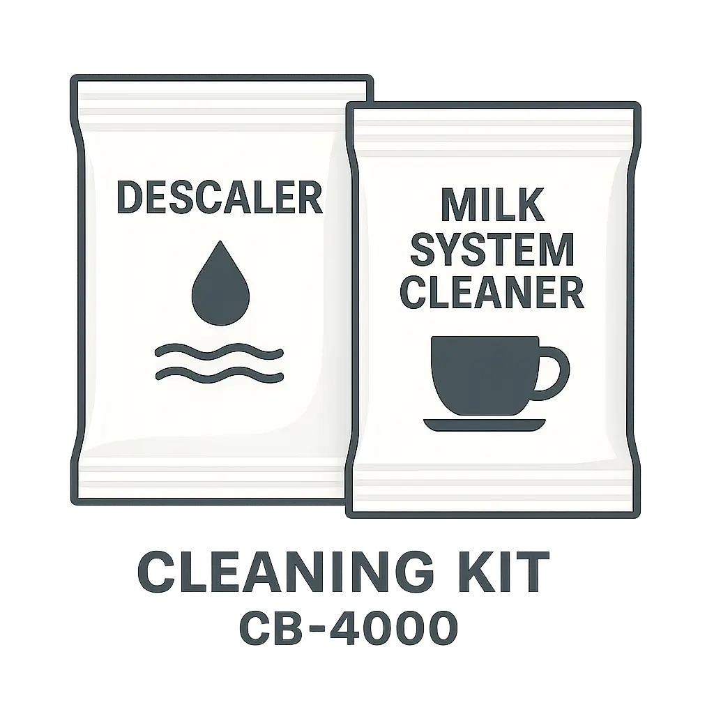 A cleaning kit for the Cafe Bueno CB-4000.  The kit includes one dose of descaling powder and milk system cleaner.  Using these cleaning products will help to keep your coffee and espresso tasting fresh and extend the life of your machine. 