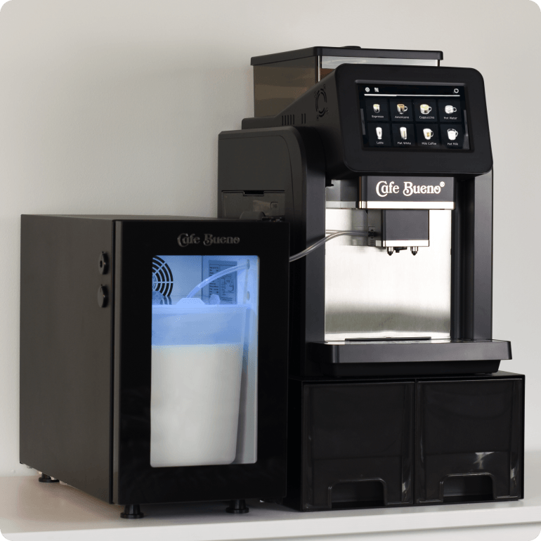 Cafe Bueno CB-4000 commercial bean-to-cup espresso machine with CBR-01 milk refrigerator unit and touchscreen