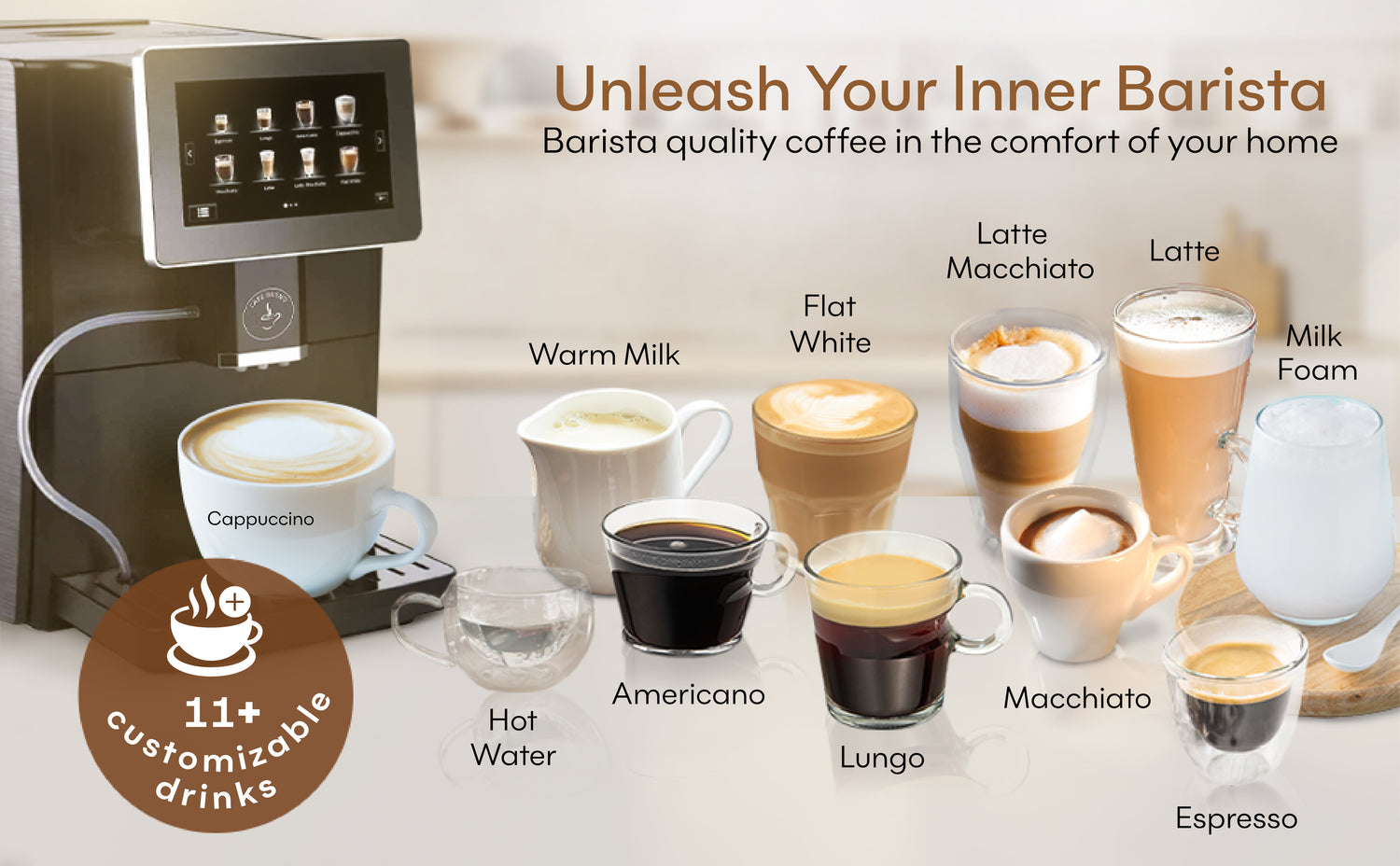 Cafe Bueno CB-3000 super automatic espresso and coffee machine is capable of making 11+ different kinds of coffee.  Customize each drink from a latte or cappuccino to a macchiato and more. 