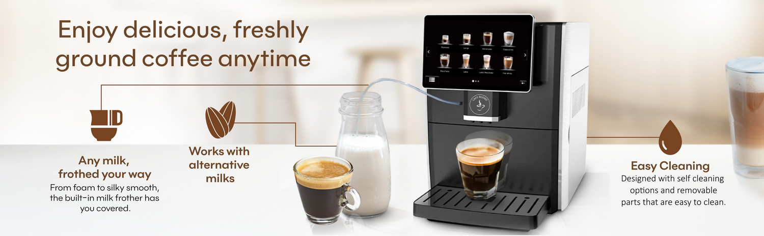 Cafe Bueno super automatic espresso and coffee machines have a built-in milk frother that works with all milk types.  It also has automatic cleaning options, which keep your coffee tasting fresh!