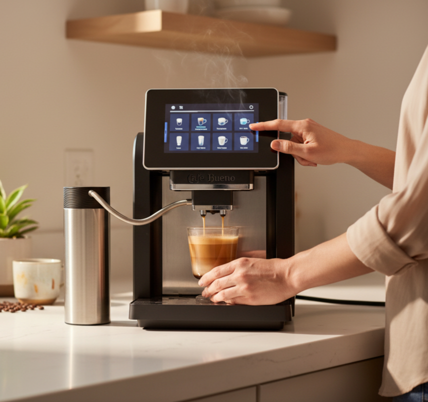 Café Bueno CB-3500 Super Automatic Espresso Machine with touchscreen display brewing a latte espresso on kitchen countertop.