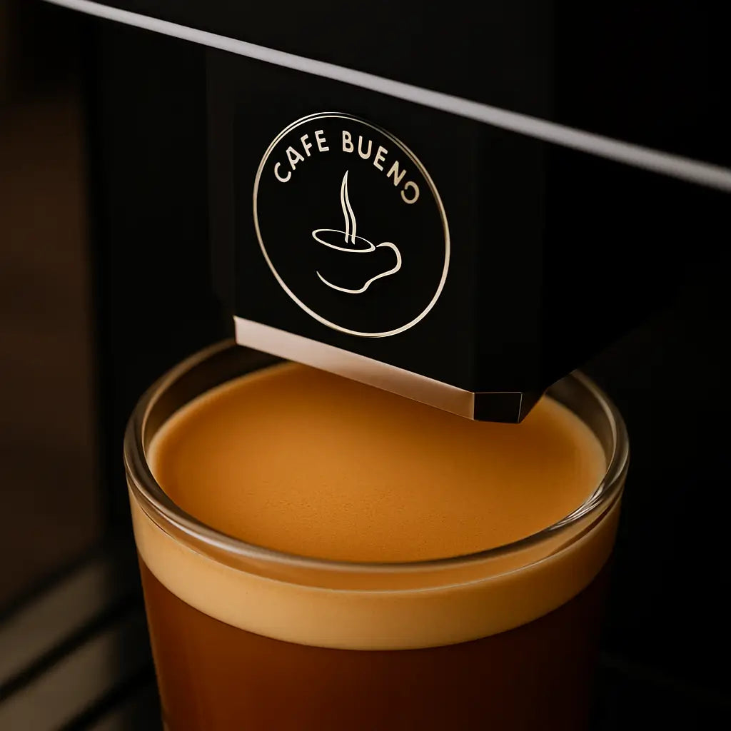 Cafe Bueno super automatic espresso machine dispensing a freshly pulled espresso shot with golden crema into a clear glass, Cafe Bueno logo with steam cup icon visible on matte black machine body, dramatic dark moody lighting