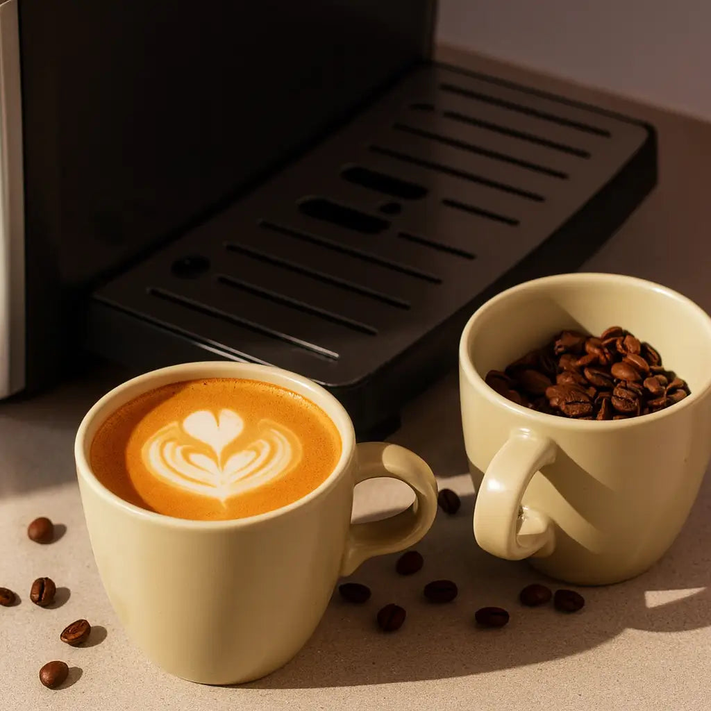 Cafe Bueno super automatic espresso machine drip tray in background with two cream ceramic mugs in foreground, one with a latte showing heart rosette latte art and golden crema, one filled with whole roasted coffee beans, scattered coffee beans on light stone countertop, warm natural side lighting.